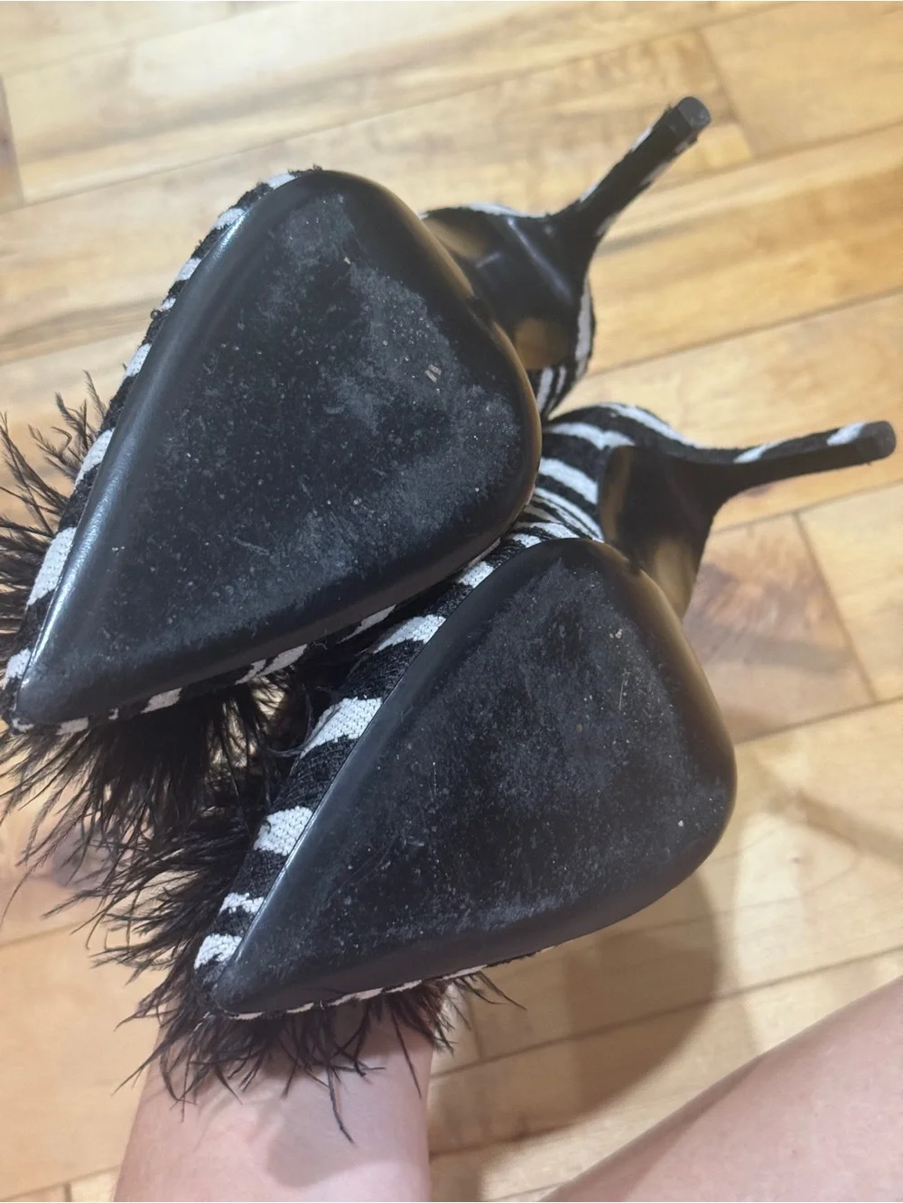 kate spade Black and White Zebra Pointed Toe Pumps with Black Feather Pom